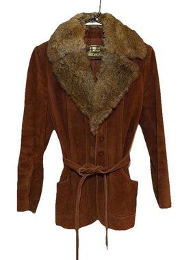 Genuine Suede Leather Fur Collared Coat with Belt Women's Size 7/8